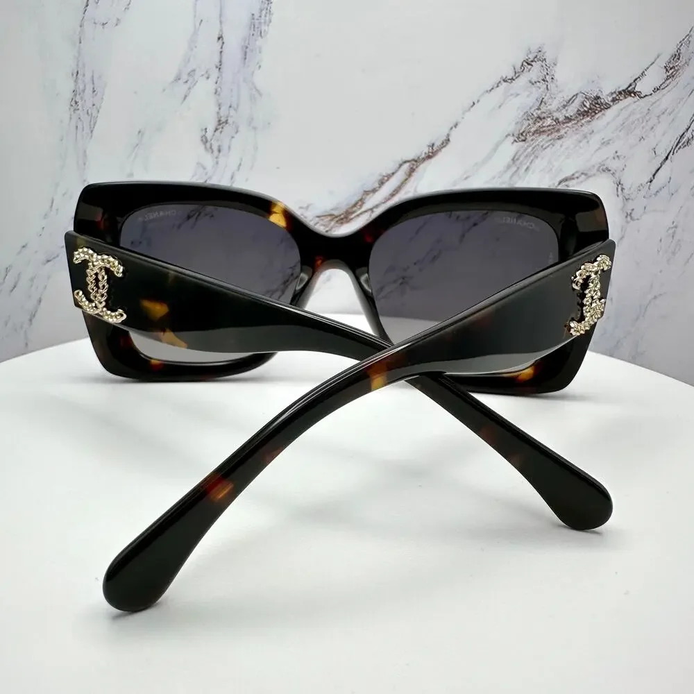 New CHANEL Sunglasses Brown Acetate Tortoise Square Gold Metal Chain CC - Picture 13 of 16